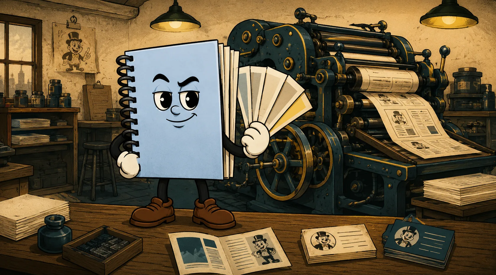 Beau the Booklet holding up a fanned stack of paper samples in a print shop scene